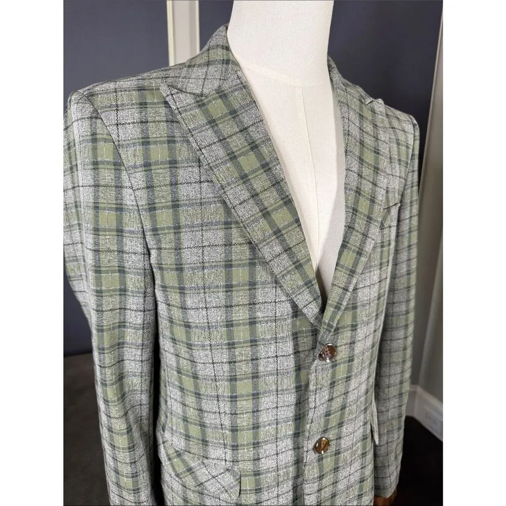 Mens Green Plaid Blazer Two-Button Sport Suit Jacket Coat Peak Lapel Size 40 NWT